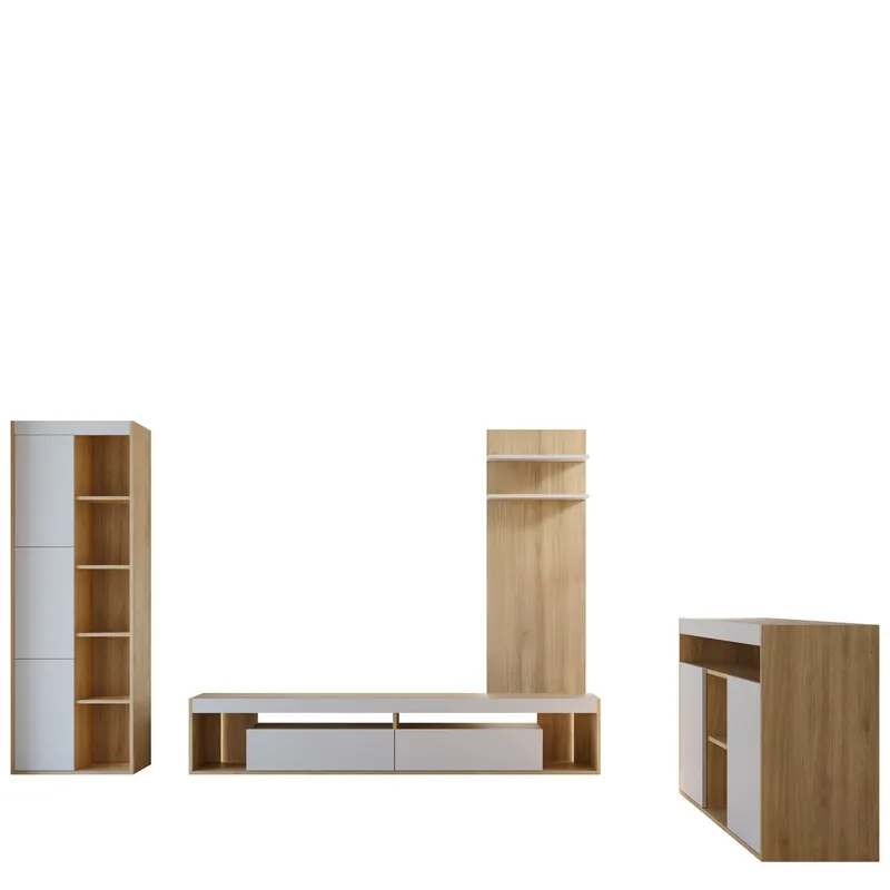 Fiorea Möbelset - Tv-bänk 200 cm + Vägghylla 138 cm +  Skänk 151 cm + Vitrinskåp 60 cm, brun och grå