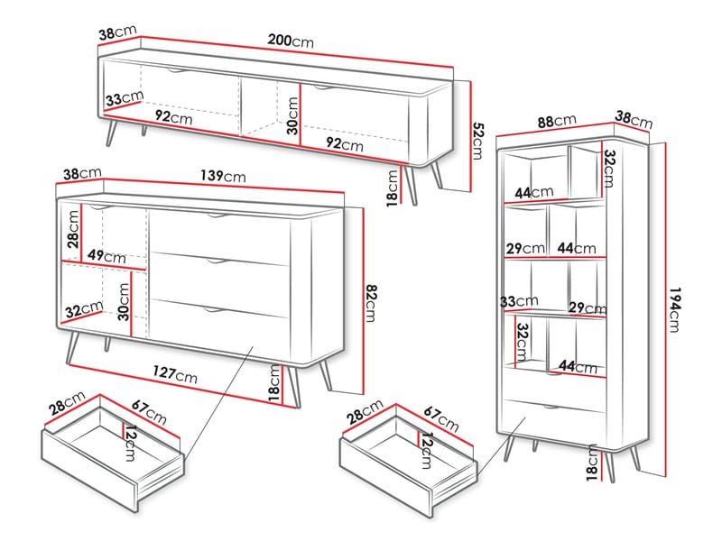 Forba Möbelset vardagsrum - tv-bänk, bokhylla och skänk - vit - Möbler - Möbelset - Möbelset för vardagsrum