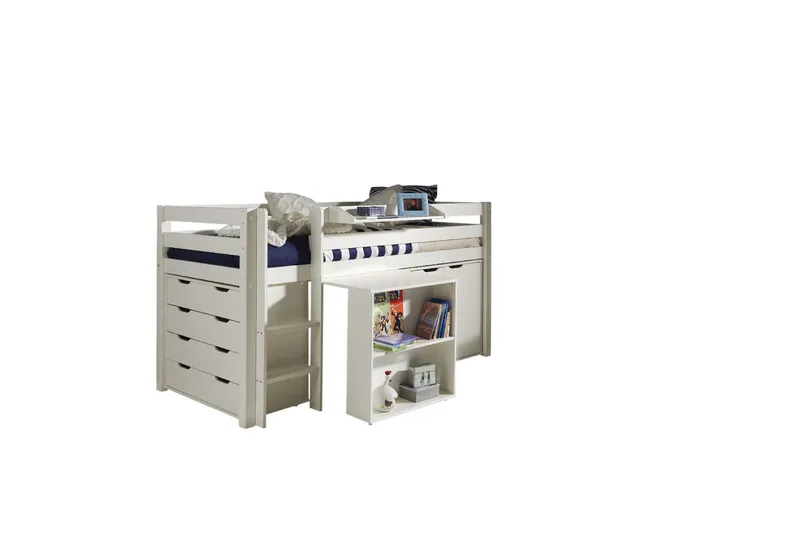 Halvhöjdssäng med skrivbord 4-dörrars skåp vägghylla och 2-dörrars skåp Pino, undefined