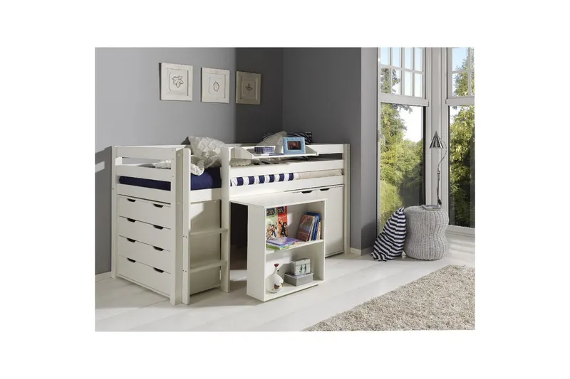 Halvhöjdssäng med skrivbord 4-dörrars skåp vägghylla och 2-dörrars skåp Pino - Möbler - Möbelset - Möbelset för sovrum