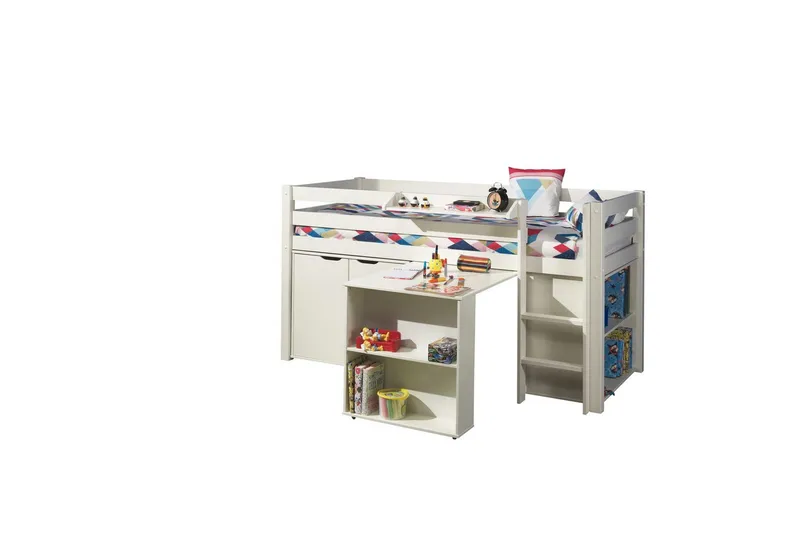 Halvhöjdssäng med skrivbord bokhylla 2-dörrars skåp och vägghylla Pino, undefined