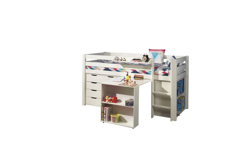 Halvhöjdssäng med skrivbord bokhylla och 4-dörrars skåp med vägghylla Pino, undefined