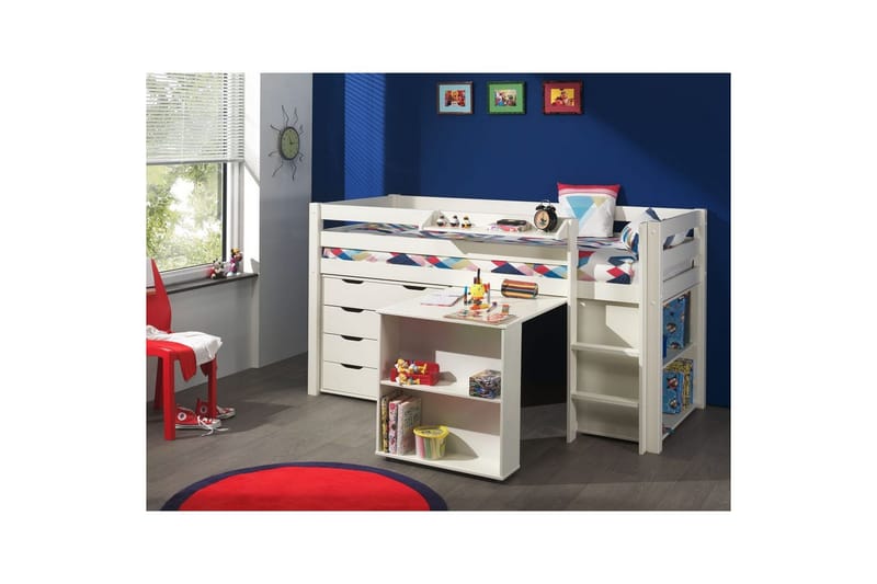 Halvhöjdssäng med skrivbord bokhylla och 4-dörrars skåp med vägghylla Pino - Möbler - Möbelset - Möbelset för sovrum