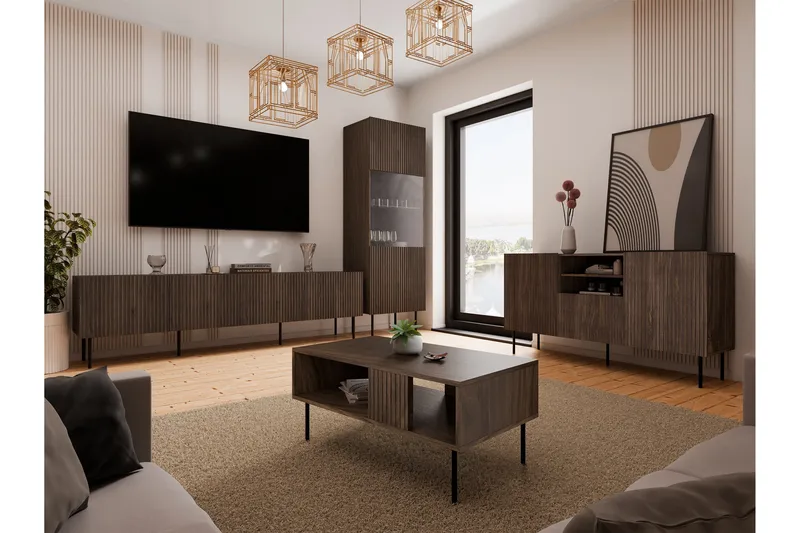 Hammarstrand TV Möbelset Vardagsrum - Valnöt / Svart / Ribbad Trä - Möbler - Möbelset - Möbelset för vardagsrum