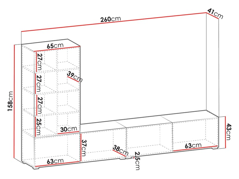 Klinkerville möbelset ribbad TV bänk vitrinskåp med LED belysning vägghängd - golvstående 260 cm - Valnöt brun - Möbler - Möbelset - Möbelset för vardagsrum