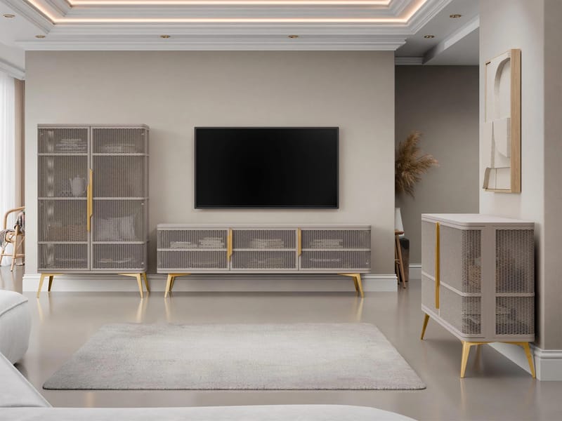 Mireva Möbelset vardagsrum - Tv-bänk, vitrinskåp och skänk, beige/guld