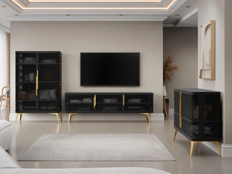 Mireva Möbelset vardagsrum - Tv-bänk, vitrinskåp och skänk, svart, guld