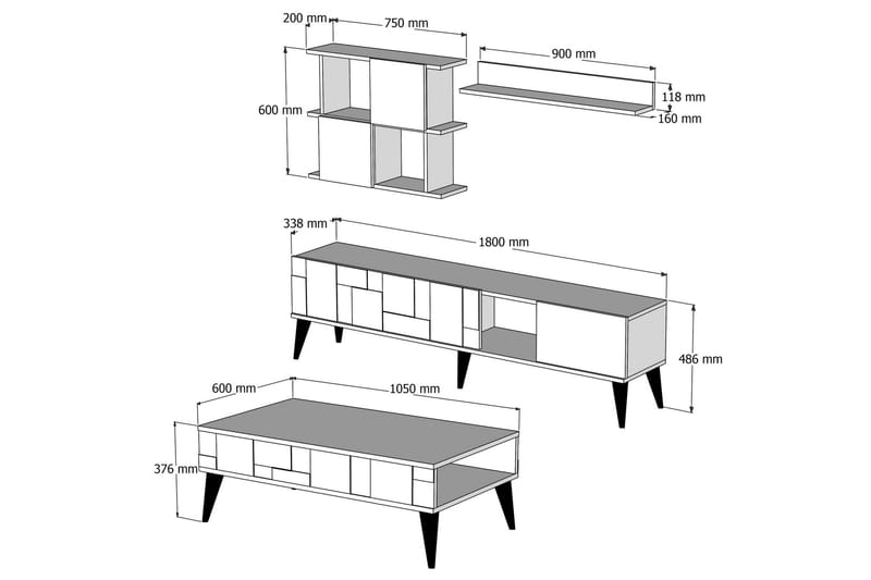 Alsacia Vardagsrumsmöbelset 180 cm - Mörkbrun/Svart - Möbelset för vardagsrum