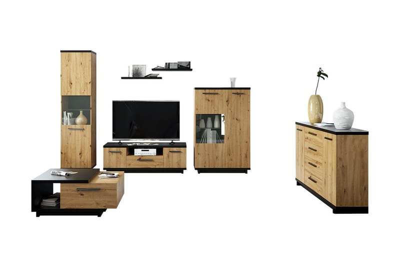 Ines Vardagsrumsset LED-belysning - Ek/Svart - Möbler - Möbelset - Möbelset för vardagsrum