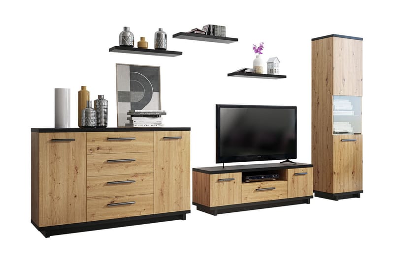 Ines Vardagsrumsset LED-belysning - Ek/Svart - Möbler - Möbelset - Möbelset för vardagsrum