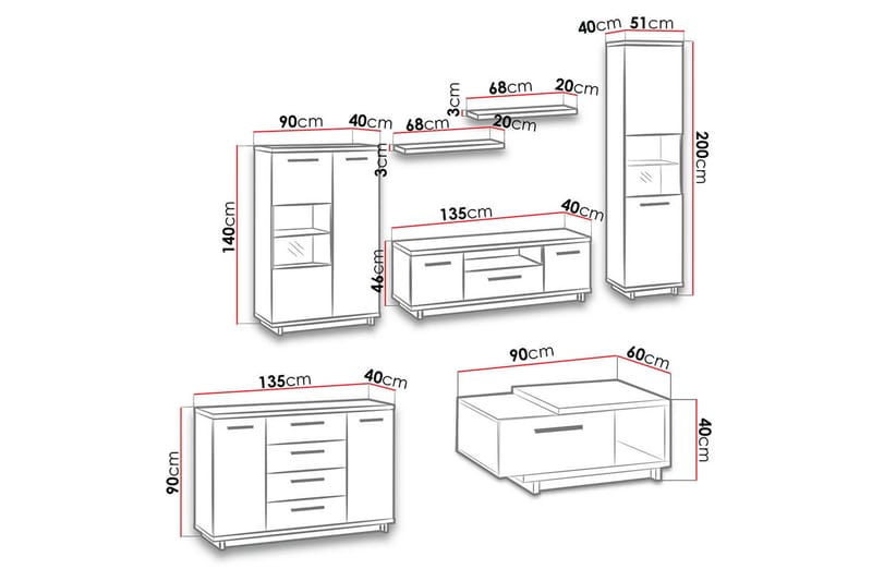 Ines Vardagsrumsset LED-belysning - Ek/Svart - Möbler - Möbelset - Möbelset för vardagsrum