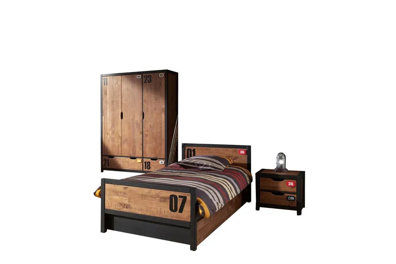 Säng med låda nattduksbord 3-dörrs garderob Alex, undefined