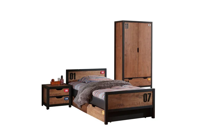 Säng med låda nattduksbord låda 2-dörrs garderob Alex, undefined