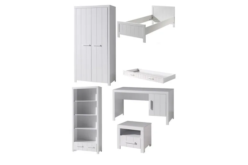 Säng med nattduksbord 2-dörrars garderob Skrivbord Bokhylla Låda Erik, undefined