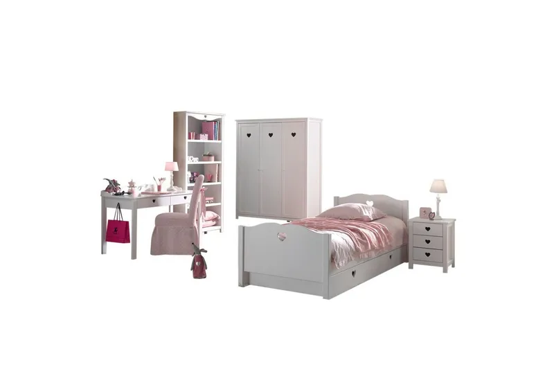 Säng med nattduksbord garderob skrivbord bokhylla låda Amori Vit, undefined