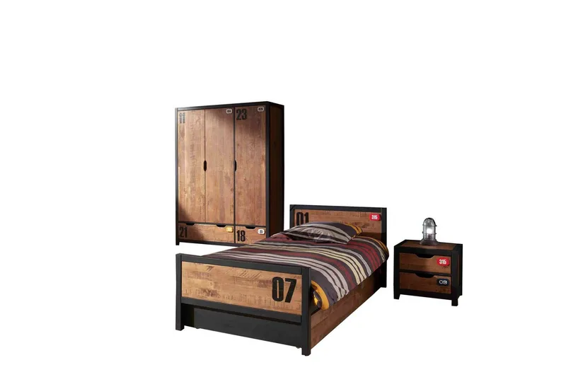 Säng med ribbotten låda nattduksbord 3-dörrars garderob Alex, undefined