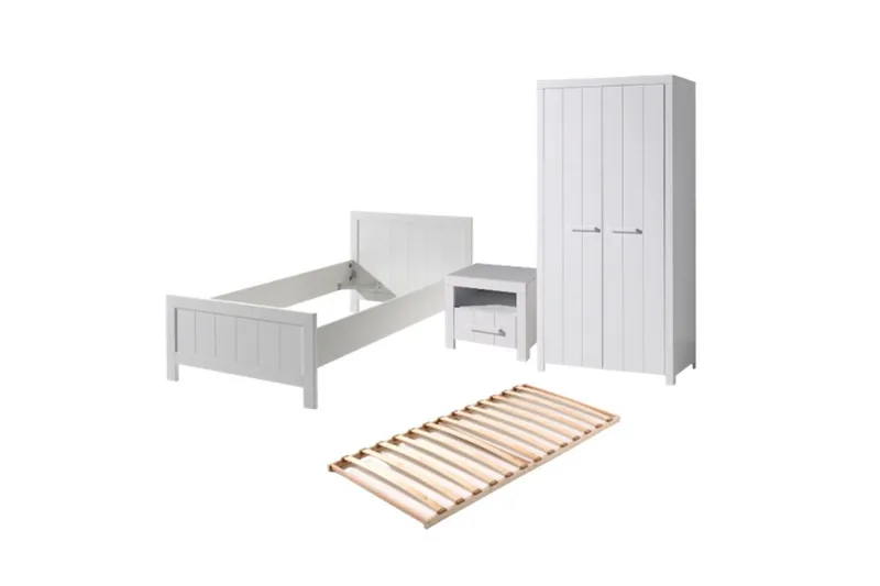 Säng med ribbotten nattduksbord 2-dörrars garderob Erik, undefined
