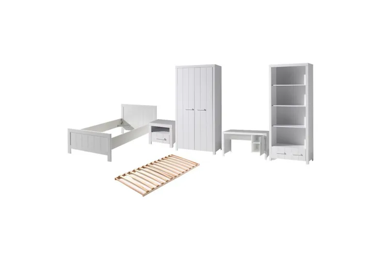 Säng med ribbotten nattduksbord 2-dörrars garderob skrivbord bokhylla Erik, undefined