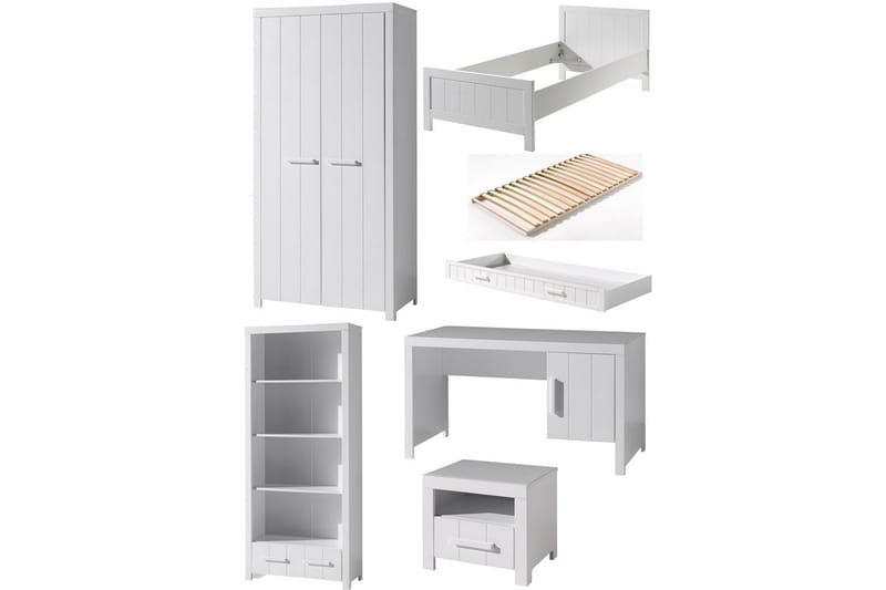 Säng med ribbotten nattduksbord 2-dörrars garderob skrivbord bokhylla låda Erik, undefined