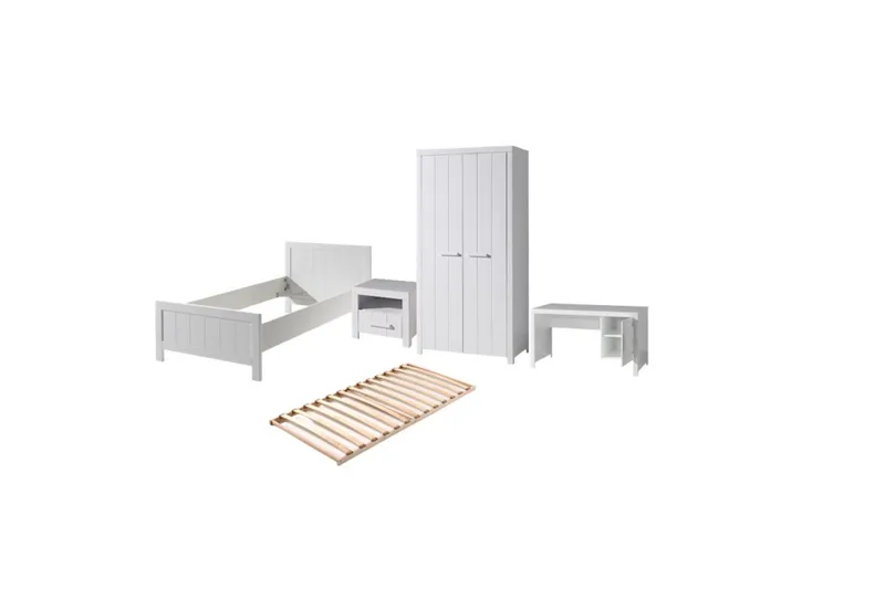 Säng med ribbotten nattduksbord 2-dörrars garderob skrivbord Erik, undefined