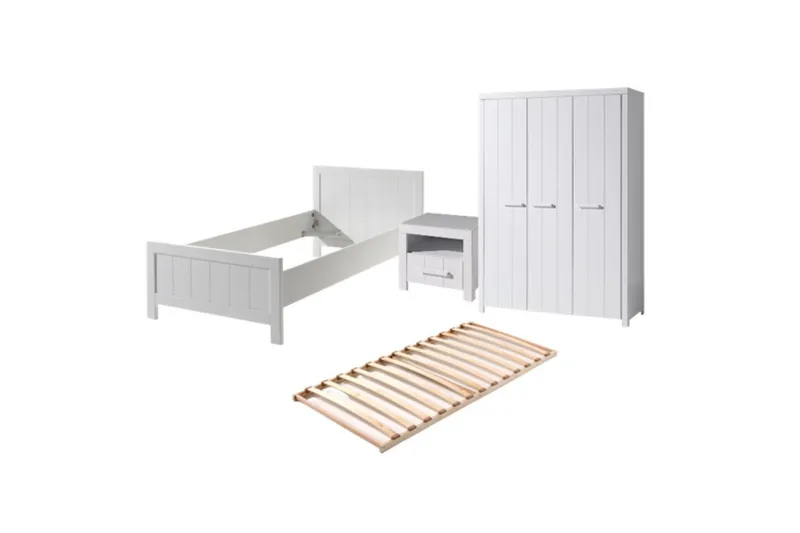 Säng med ribbotten nattduksbord 3-dörrars garderob Erik, undefined