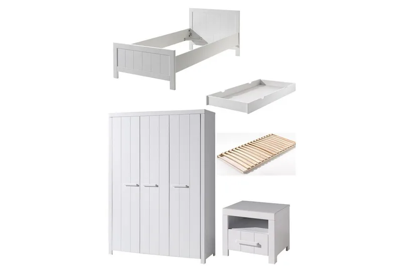 Säng med ribbotten nattduksbord 3-dörrars garderob låda Erik, undefined