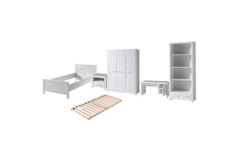 Säng med ribbotten nattduksbord 3-dörrars garderob skrivbord bokhylla Erik, undefined