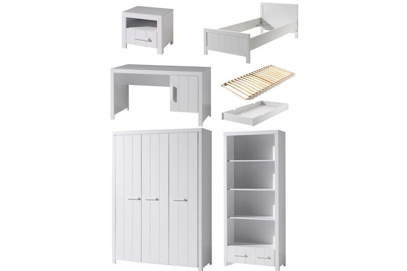 Säng med ribbotten nattduksbord 3-dörrars garderob skrivbord bokhylla låda Erik, undefined