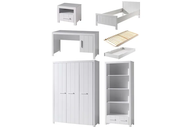 Säng med ribbotten nattduksbord 3-dörrars garderob skrivbord bokhylla låda Erik, undefined