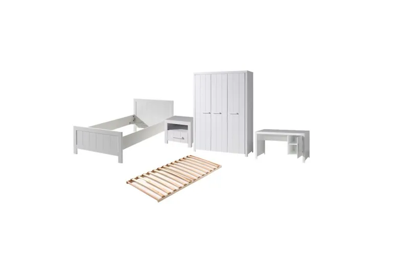 Säng med ribbotten nattduksbord 3-dörrars garderob skrivbord Erik, undefined