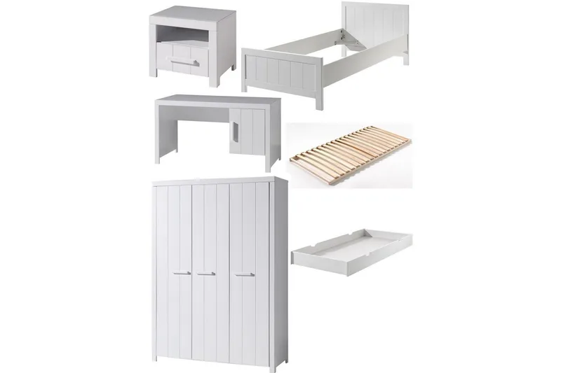 Säng med ribbotten nattduksbord 3-dörrars garderob skrivbord låda Erik, undefined