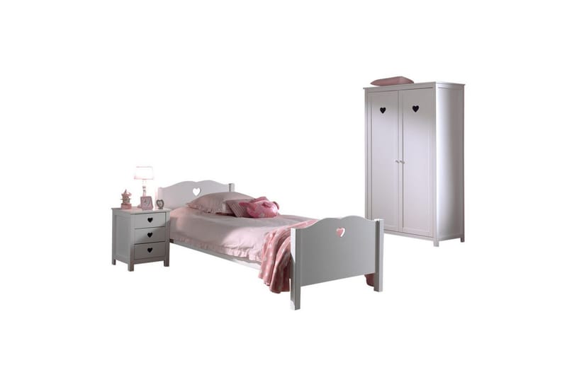 Säng med ribbotten nattduksbord garderob Amori Vit 2 dörrar, 2 dörrar