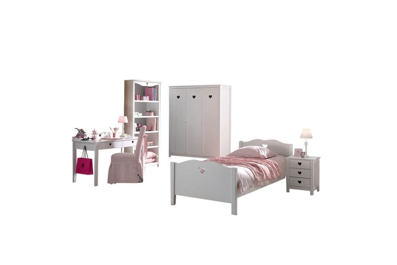 Säng med ribbotten nattduksbord garderob skrivbord bokhylla Amori Vit 3-dörrar, 3-dörrar