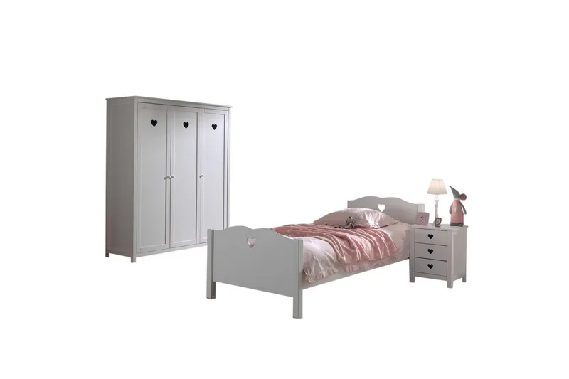 Säng med sängbord, garderob Amori Vit 3-dörrar, 3-dörrar