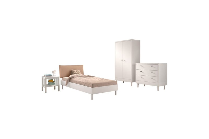 Säng med sängbord, garderob Forrest byrå med 3 lådor Vit bok, Vit bok