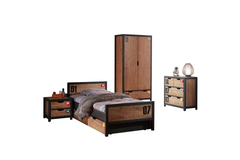 Säng med sängbord, låda, garderob, byrå Alex, undefined