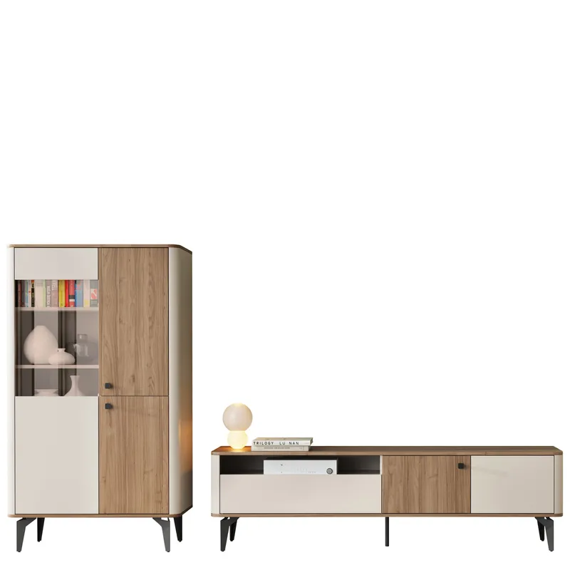 Zeyrin Möbelset vardagsrum - Tv-bänk + Vitrinskåp, Brun|beige|svart