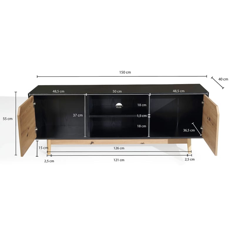 Alaro TV-bänk 150 cm - Svart med ekfärgade fronter/ben - Möbler - Tv möbel & mediamöbel - TV bänk & mediabänk