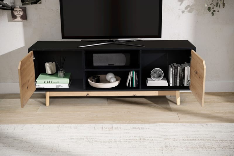 Alaro TV-bänk 150 cm - Svart med ekfärgade fronter/ben - Möbler - Tv möbel & mediamöbel - TV bänk & mediabänk