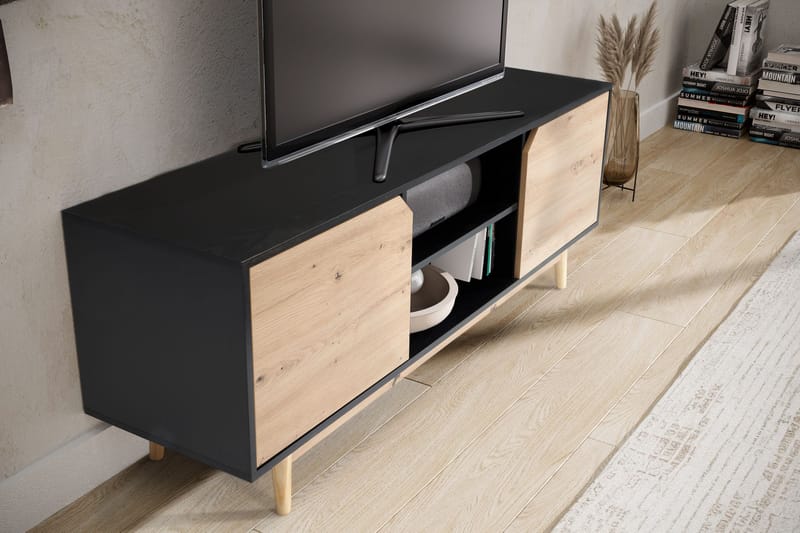 Alaro TV-bänk 150 cm - Svart med ekfärgade fronter/ben - Möbler - Tv möbel & mediamöbel - TV bänk & mediabänk