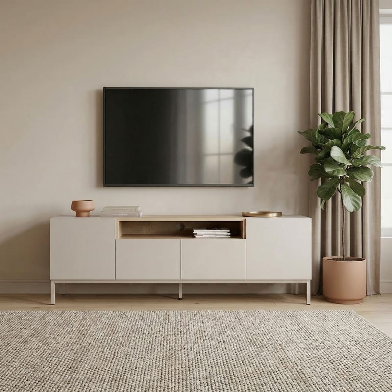 Arvold TV-bänk 160x50x35 cm - Sandstone och Sapphire Oak - Möbler - Tv möbel & mediamöbel - TV bänk & mediabänk