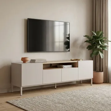 Arvold TV-bänk 160x50x35 cm - Sandstone och Sapphire Oak - Möbler - Tv möbel & mediamöbel - TV bänk & mediabänk