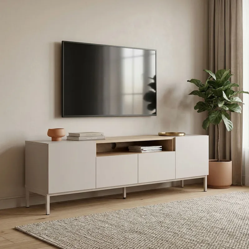Arvold TV-bänk 160x50x35 cm - Sandstone och Sapphire Oak - Möbler - Tv möbel & mediamöbel - TV bänk & mediabänk