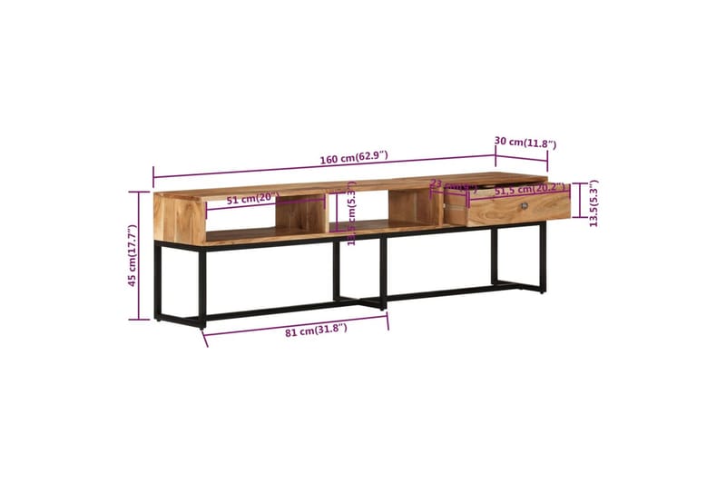 beBasic Tv-bänk 160x30x45 cm massivt akaciaträ - Brown - TV bänk & mediabänk