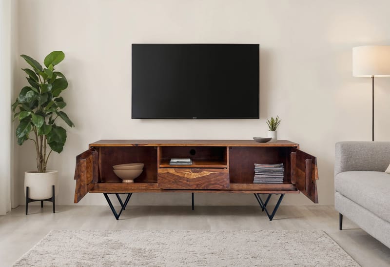 Belano TV-bänk 160 cm Industriell stil - Varmbrun med svarta ben - Möbler - Tv möbel & mediamöbel - TV bänk & mediabänk