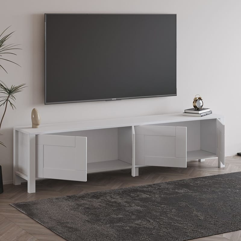 Belor Golvstående TV Bänk 160 cm med Förvaring i Målat Trä - Vit - Möbler - Tv möbel & mediamöbel - TV bänk & mediabänk