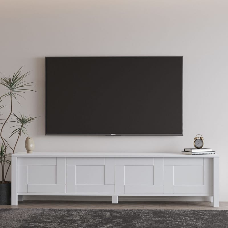 Belor Golvstående TV Bänk 160 cm med Förvaring i Målat Tr ä - Vit - Möbler - Tv möbel & mediamöbel - TV bänk & mediabänk