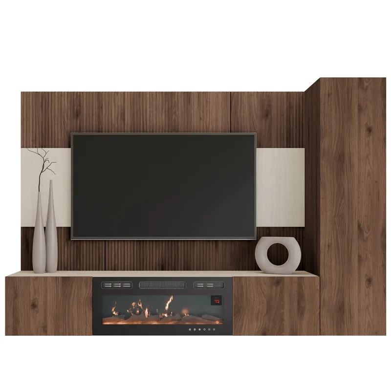 Bernice Tv-väggskåp 220 cm Elkamin med Värmefunktion och LED-belysning, brun