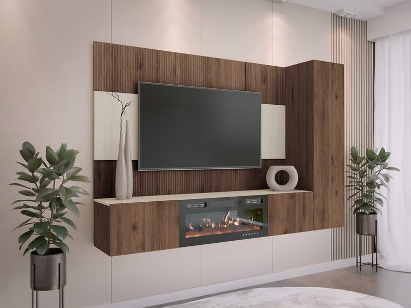 Bernice Tv-väggskåp 220 cm Elkamin med Värmefunktion och LED-belysning - brun - Möbler - Tv möbel & mediamöbel - TV skåp