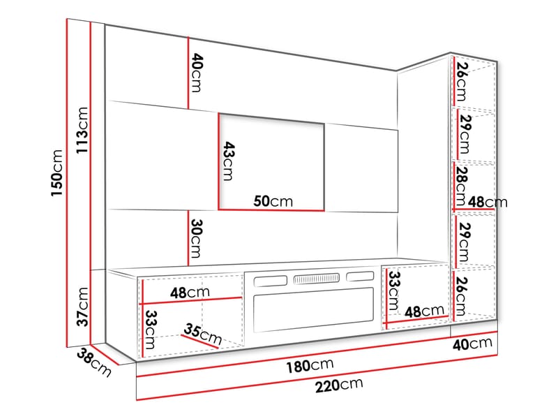 Bernice Tv-väggskåp 220 cm Elkamin med Värmefunktion och LED-belysning - svart - Möbler - Tv möbel & mediamöbel - TV skåp